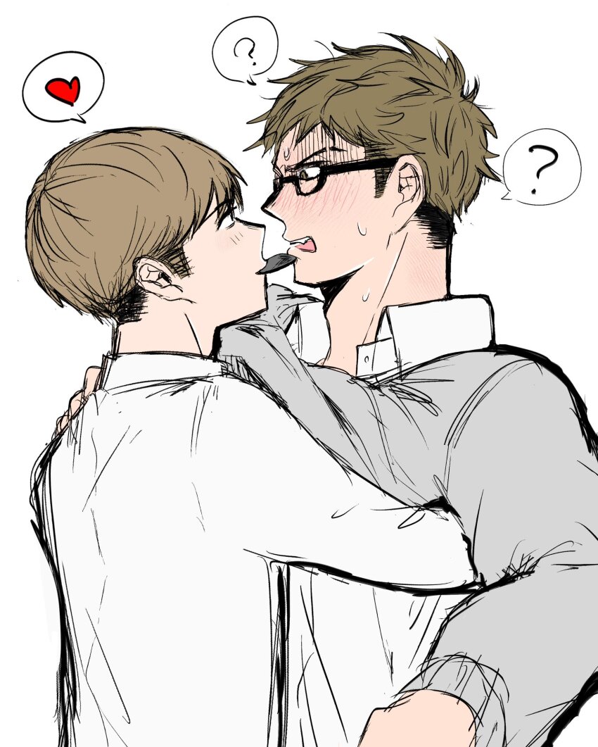 2boys ? blush brown_eyes brown_hair clothes_lift collared_shirt commentary confused eye_contact eyebrow_cut face-to-face flustered futsuu_no_keion-bu grey_sweater hand_on_another&#039;s_shoulder heart highres kayuta looking_at_another male_focus mouth_hold multiple_boys plectrum plectrum_in_mouth shaded_face shirt short_hair simple_background spoken_heart spoken_question_mark sweat sweater sweater_lift takami_kouki tohno_gen upper_body v-shaped_eyebrows white_background white_shirt yaoi