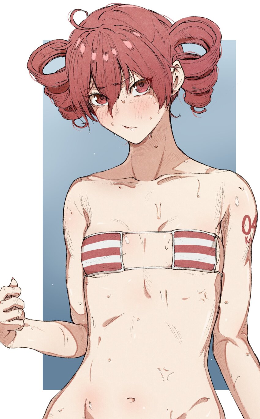 1girl arm_tattoo bikini blush closed_mouth drill_hair eyepatch_bikini flat_chest hair_between_eyes highres kasane_teto long_bangs looking_at_viewer navel nb8c number_tattoo red_bikini red_eyes red_hair short_hair solo striped_bikini striped_clothes sweat swimsuit tattoo twin_drills upper_body utau white_background white_bikini
