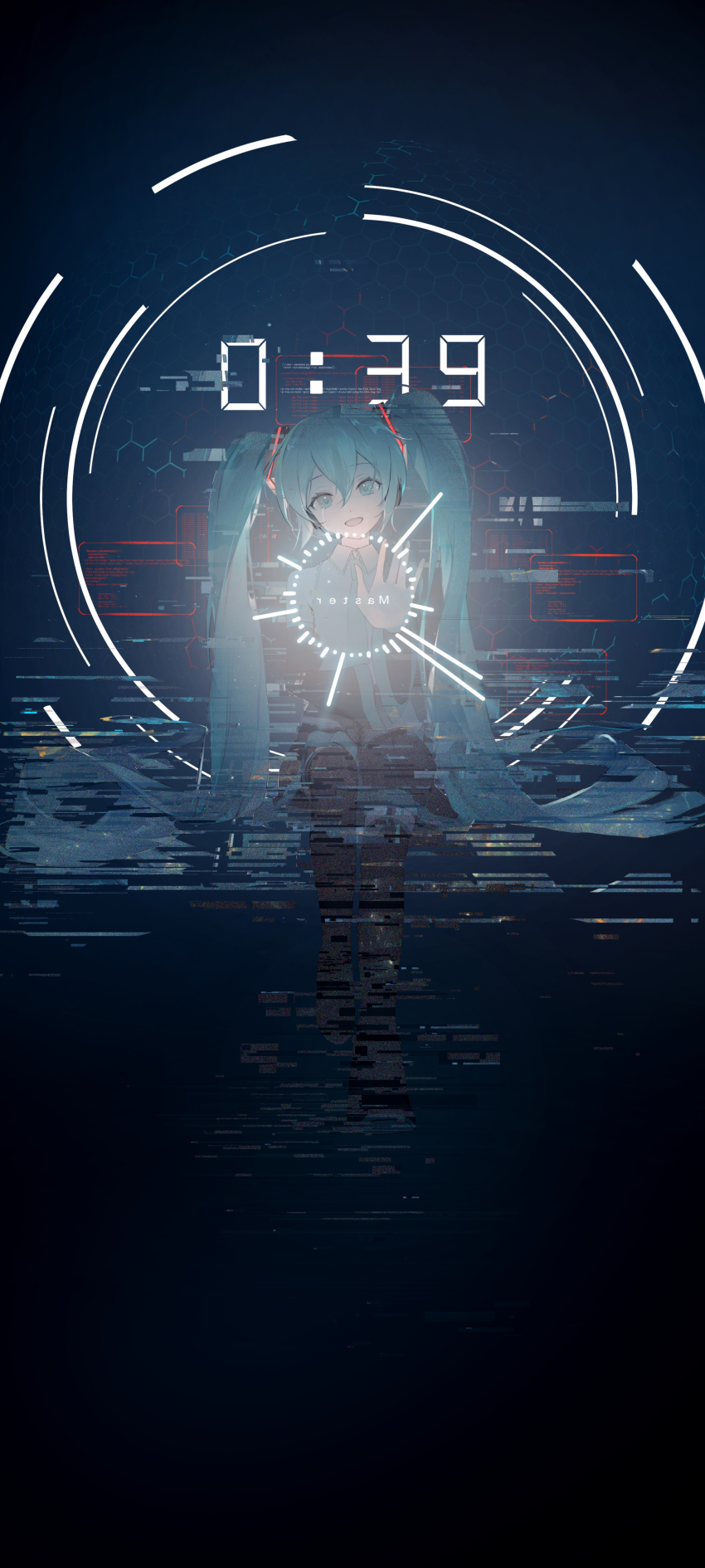 1girl absurdres analog_clock aqua_eyes aqua_necktie black_footwear black_skirt black_thighhighs blue_background blue_trim clock collared_shirt commentary_request crying english_text fake_phone_screenshot fake_screenshot glitch grey_shirt hair_between_eyes hair_ornament hatsune_miku hatsune_miku_no_shoushitsu_(vocaloid) headphones highres invisible_chair kamatoyu long_hair looking_at_viewer necktie open_mouth outstretched_arm pleated_skirt shirt sitting skirt solo straight-on thighhighs twintails very_long_hair vocaloid