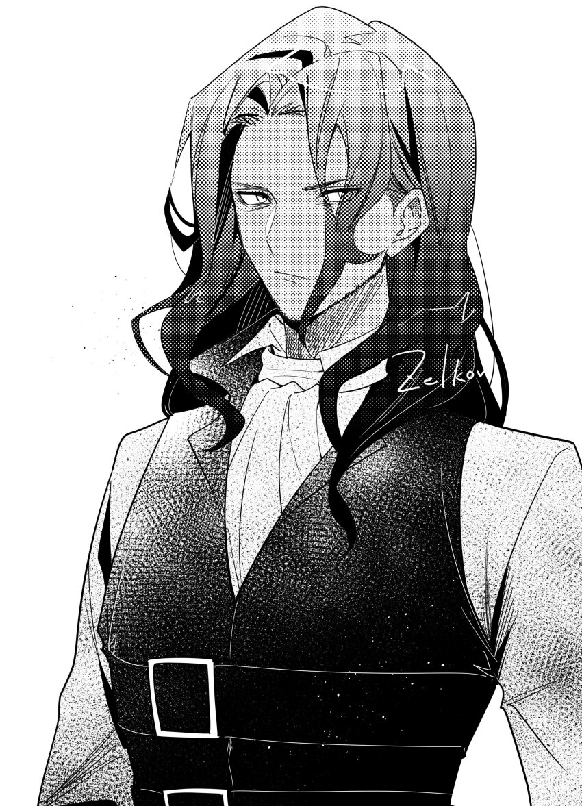 1boy absurdres ascot black_hair black_vest dark-skinned_male dark_skin fire_emblem fire_emblem_engage greyscale highres illust_mi long_hair looking_at_viewer male_focus monochrome nintendo solo upper_body vest zelkov_(fire_emblem)