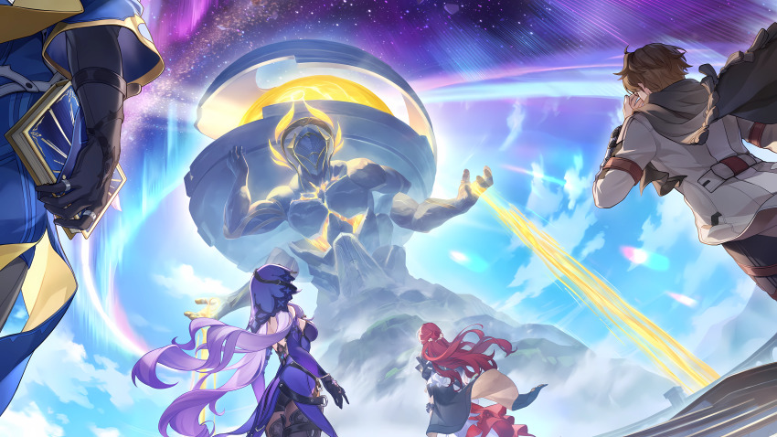 1other 2boys 2girls absurdres adjusting_eyewear arm_belt aurora bad_link belt black_boots black_gloves black_jacket black_pants black_scarf black_swan_(honkai:_star_rail) blue_shirt blue_sky book boots breasts brown_belt brown_hair brown_shirt cloud cloudy_sky dress elbow_gloves extra_arms fisheye game_cg gloves hair_ornament highres himeko_(honkai:_star_rail) holding holding_book honkai:_star_rail honkai_(series) jacket jewelry kephale_(honkai:_star_rail) large_breasts long_hair looking_up low_twintails multiple_boys multiple_girls multiple_rings official_art pants purple_dress purple_gloves purple_hair red_hair ring scarf shirt short_hair sky star_(sky) starry_sky statue sunday_(honkai:_star_rail) thigh_boots twintails veil very_long_hair welt_yang white_dress