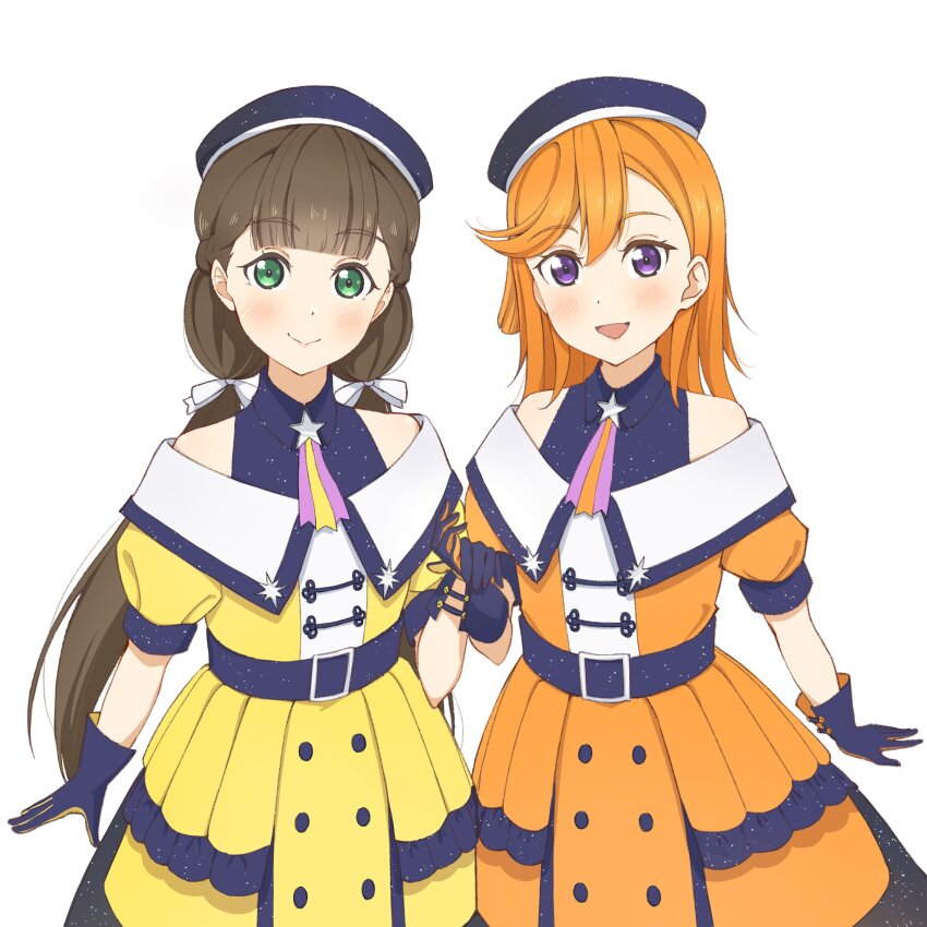 2girls absurdres brown_hair dress highres love_live! love_live!_superstar!! multiple_girls orange_dress orange_hair sakurakoji_kinako shibuya_kanon yellow_dress
