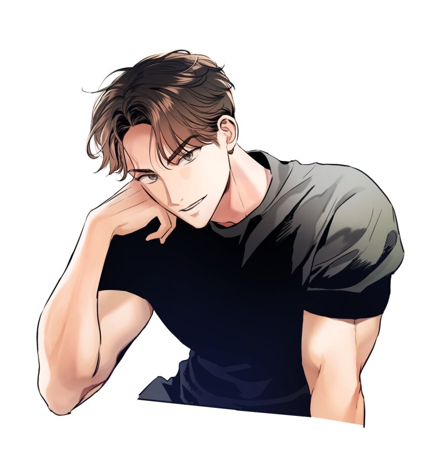 1boy animification black_shirt brown_eyes brown_hair commentary highres izzi315 k-pop light_smile looking_at_viewer male_focus mingyu seventeen_(group) shirt short_hair simple_background smile solo symbol-only_commentary t-shirt upper_body white_background