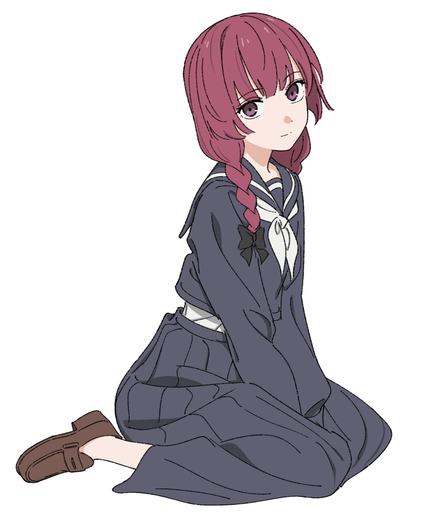 1girl aged_down black_bow blue_jacket blue_skirt bocchi_the_rock! bow braid hair_bow highres hiroi_kikuri jacket kashiwa_(iersansi) long_skirt long_sleeves looking_at_viewer neckerchief purple_eyes purple_hair school_uniform serafuku shirt single_braid sitting skirt sleeves_past_fingers sleeves_past_wrists smile solo white_background white_neckerchief white_shirt