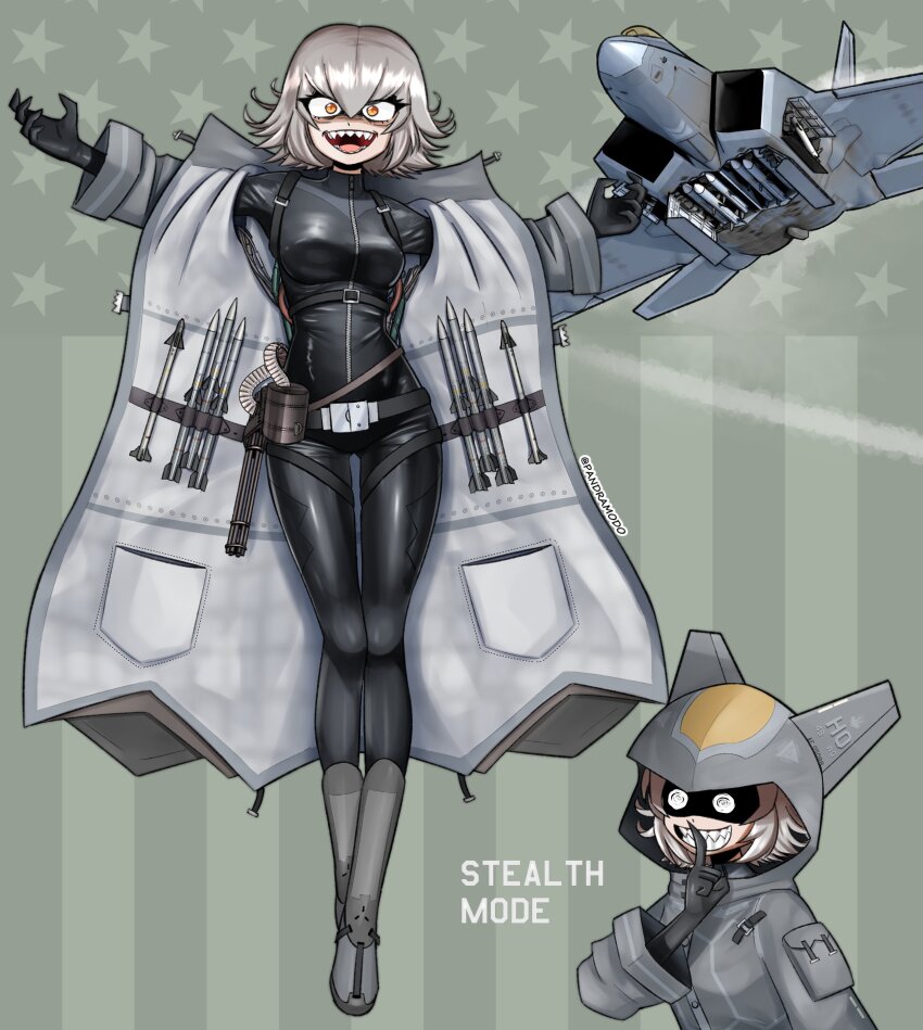 1girl absurdres aim-120_amraam aim-9_sidewinder aircraft airplane autocannon belt black_bodysuit black_gloves bodysuit breasts cannon electronic_firearm english_text evil_smile f-22_raptor fighter_jet finger_to_mouth full_body gatling_gun gloves grey_hair gun highres hood hood_up looking_at_viewer m61_vulcan medium_breasts medium_hair military_vehicle missile multiple-barrel_gun multiple_views original outstretched_arms pandramodo personification rotary_cannon shark_tooth shushing skin_tight smile twitter_username