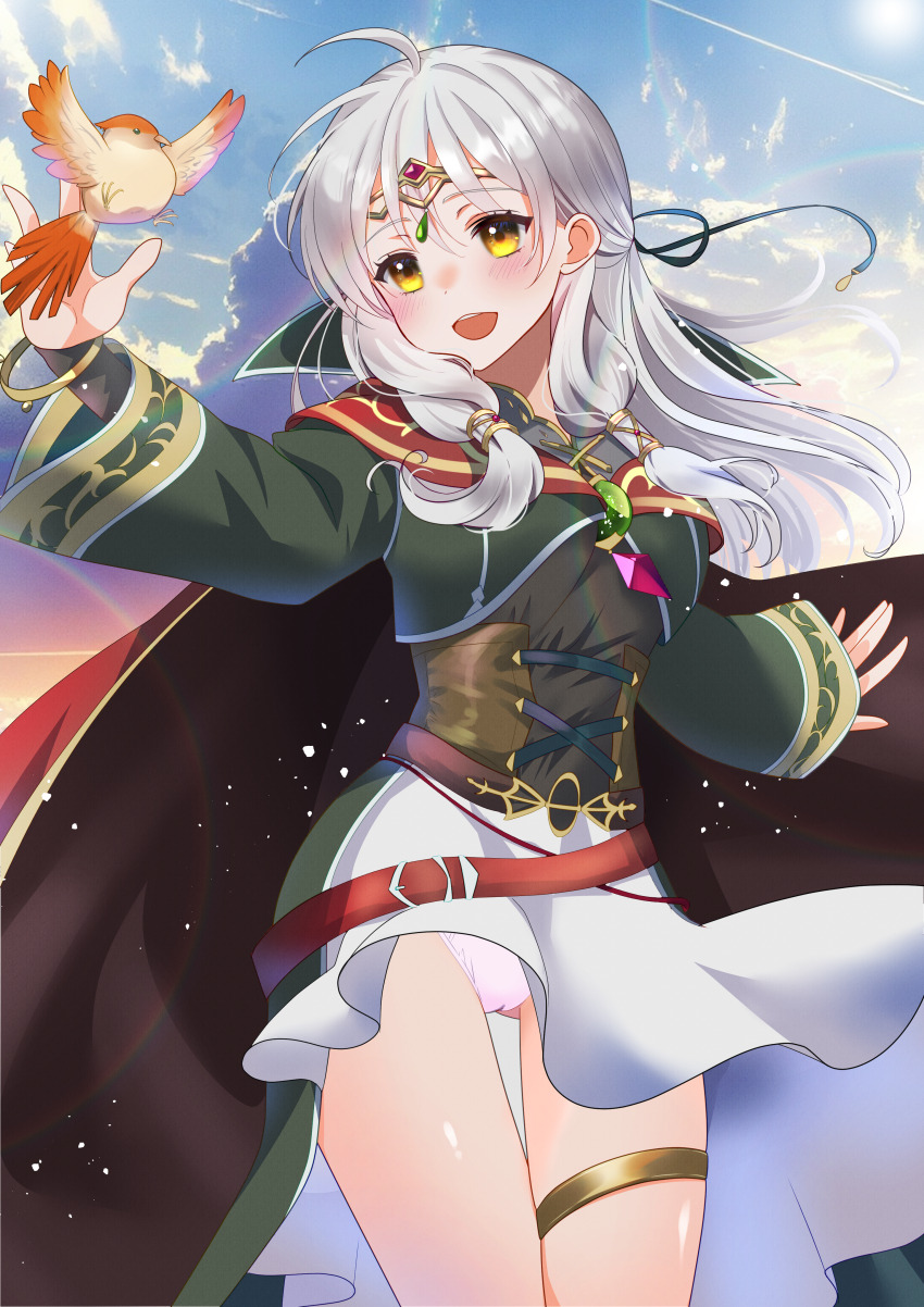1girl :d absurdres azusa_(azchemist63) belt bird black_bridal_gauntlets bridal_gauntlets cameltoe cape circlet cloak commission fire_emblem fire_emblem:_radiant_dawn fire_emblem_heroes gloves green_cloak grey_hair hair_ribbon half_updo highres jewelry long_hair looking_to_the_side micaiah_(dawning_maiden)_(fire_emblem) micaiah_(fire_emblem) nintendo official_alternate_costume open_mouth panties pantyshot pleated_cape red_cape ribbon skeb_commission skirt smile solo sunrise thighlet underwear white_panties white_skirt wind wind_lift yellow_eyes yune_(fire_emblem)