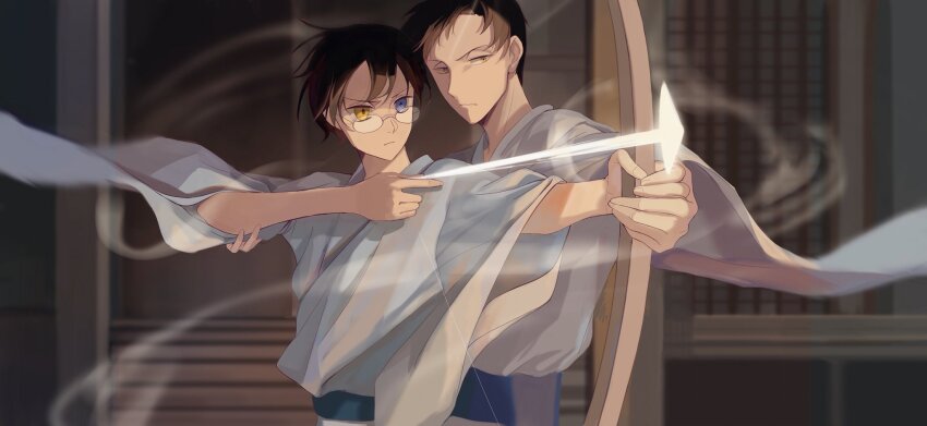 2boys aiming archery arrow_(projectile) blue_sash blurry blurry_background bow_(weapon) brown_hair closed_mouth commentary doumeki_shizuka energy_arrow floating_clothes glasses guiding_hand hair_behind_ear hair_between_eyes hand_on_another&#039;s_arm hand_on_another&#039;s_hand helping heterochromia highres long_sleeves male_focus multiple_boys outdoors parted_bangs partially_shaded_face rimless_eyewear robe sash shouji shusuzu sliding_doors stairs upper_body watanuki_kimihiro weapon white_robe wind wooden_porch xxxholic yellow_eyes