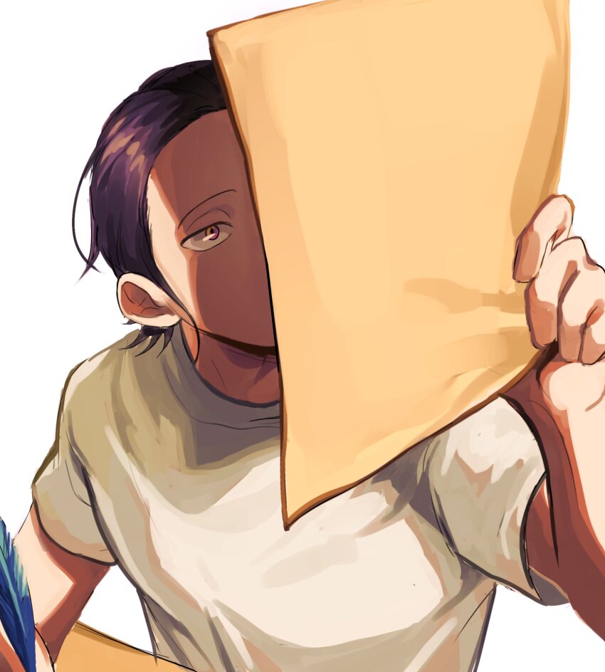 1boy commentary_request crocodile_(one_piece) hair_slicked_back highres holding holding_paper korean_commentary male_focus mlgdhh one_piece paper shirt solo t-shirt upper_body white_background white_shirt
