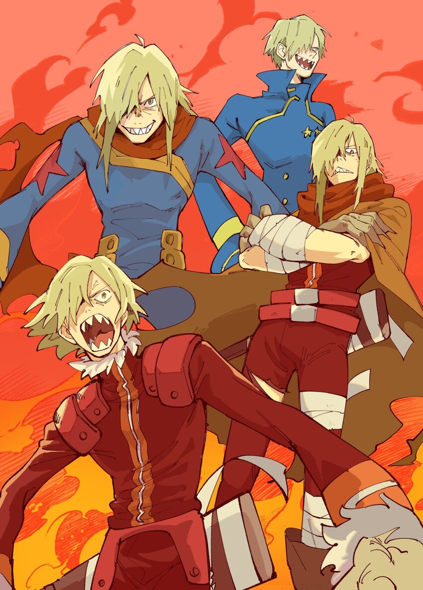1boy :&lt; arm_wrap belt blonde_hair blue_jacket claws cloak commentary crossed_arms grin hair_over_one_eye high_collar highres jacket leg_wrap long_hair long_sleeves looking_at_viewer male_focus multiple_belts multiple_views one_eye_covered open_mouth pants red_background red_belt red_jacket red_pants red_scarf rokudenaru scarf sharp_teeth short_hair shouting smile star_(symbol) teeth tengen_toppa_gurren_lagann tongue torn_cloak torn_clothes viral_(ttgl) yellow_cloak