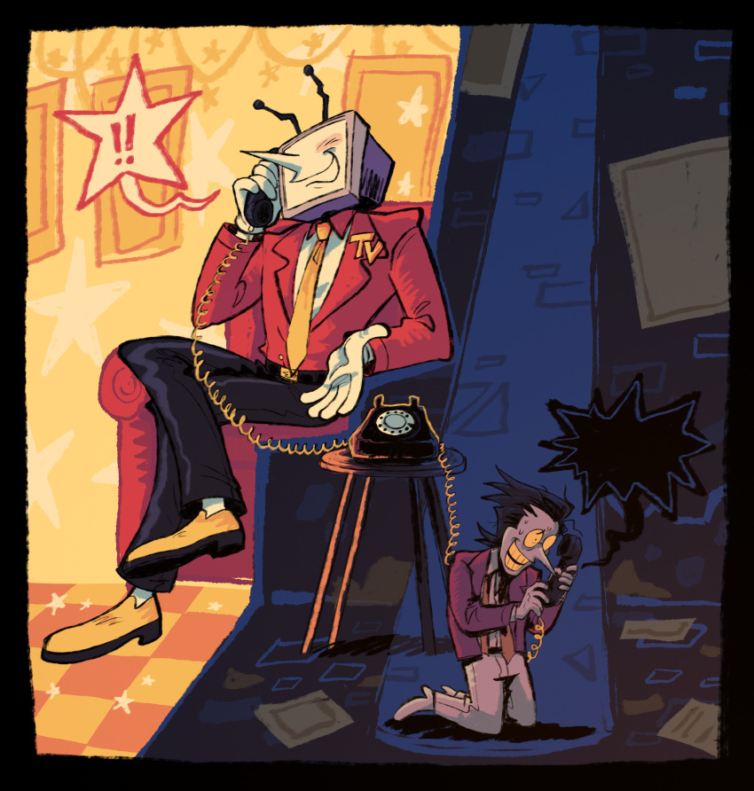 ! 2boys absurdres ant_tenna belt black_belt black_hair black_pants blush colored_skin corded_phone couch crossed_legs crt deltarune gloves highres holding holding_phone jacket male_focus multiple_boys object_head on_couch open_clothes open_jacket pants phone pointy_nose red_jacket round_eyewear shoes short_hair sitting slimespecter smile spamton_g._spamton spoken_exclamation_mark sweat table tinted_eyewear white_gloves white_pants white_shoes white_skin yellow-tinted_eyewear yellow_shoes