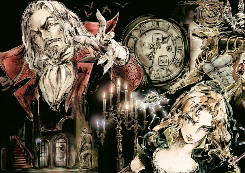1girl 1other 2boys armor bat_(animal) beard blueroguemarl bow brown_hair candelabra candlestand castlevania:_symphony_of_the_night castlevania_(series) clock commentary dracula_(castlevania) dress electricity english_commentary eyeball facial_hair fangs fingernails galamoth green_dress green_eyes grey_eyes hair_bow hair_ribbon hand_up head_tilt highres holding holding_mace holding_weapon horns long_hair looking_at_viewer mace maria_renard multiple_boys mustache outstretched_arm outstretched_hand pointy_ears red_eyes ribbon sharp_fingernails shoulder_armor single_horn skull stairs tongue vampire weapon white_hair window