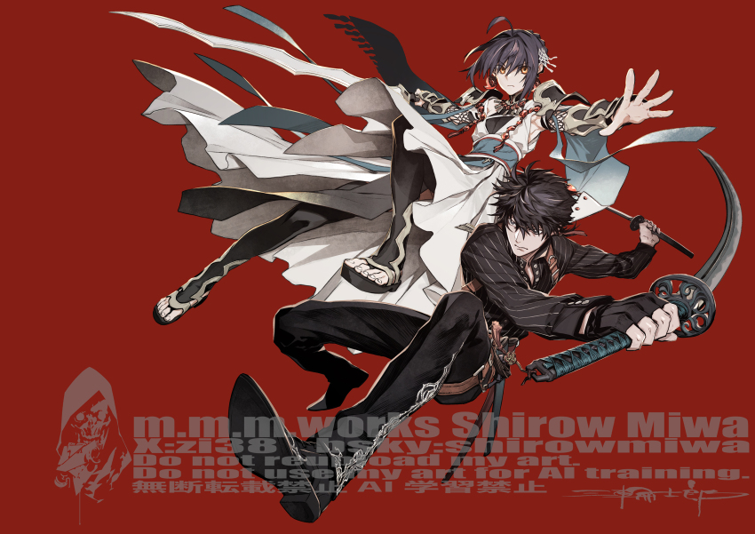 1boy 1other absurdres ahoge amenomurakumo-no-tsurugi_(fate) androgynous arm_guards belt belt_buckle black_footwear black_hair black_pants braid braided_bun brown_belt buckle dress dual_wielding earrings fate/samurai_remnant fate_(series) feminization fingerless_gloves gloves hair_bun highres holding holding_sword holding_weapon japanese_clothes jewelry katana long_sleeves low_ponytail magatama magatama_earrings miwa_shirow miyamoto_iori_(fate) miyamoto_iori_(phantasmal_dress)_(fate) necklace official_alternate_hairstyle other_with_male pants partially_toeless_legwear partially_unbuttoned pinstripe_pattern pinstripe_shirt ponytail red_background shirt shoulder_guard sidelocks simple_background single_fingerless_glove striped_clothes striped_shirt sword thigh_belt thigh_strap vertical-striped_clothes vertical-striped_shirt watermark weapon white_dress yamato_takeru_(fate) yamato_takeru_(phantasmal_dress)_(fate) yellow_eyes