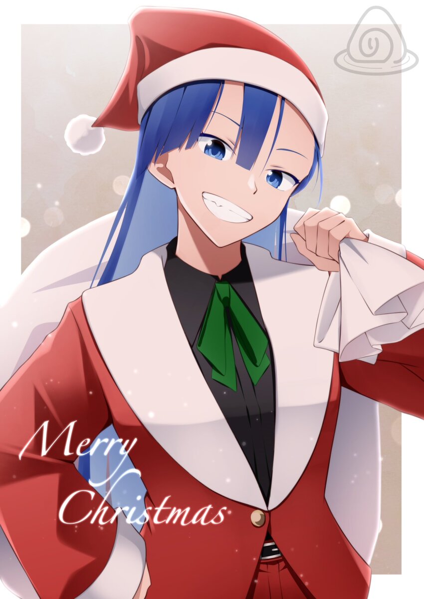 1girl ado_(utaite) black_shirt blue_hair border breasts cleavage collared_shirt commentary dress_shirt fang gift_bag green_ribbon hair_between_eyes hand_on_own_hip hat highres jacket long_hair long_sleeves looking_at_viewer merry_(ado) merry_christmas neck_ribbon nori_(norinori_yrl) outside_border readymade_(ado) red_hat red_jacket ribbon santa_costume santa_hat shirt smile solo upper_body white_border