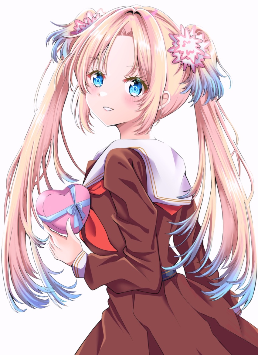 blonde_hair blue_eyes blue_hair blush box brown_dress commentary_request cowboy_shot dress flower gift gradient_hair grin hair_flower hair_intakes hair_ornament hasu_no_sora_school_uniform heart-shaped_box highres holding holding_gift link!_like!_love_live! long_hair long_sleeves looking_at_viewer looking_back love_live! maymaru multicolored_hair neckerchief osawa_rurino parted_bangs pink_flower red_neckerchief sailor_collar sailor_dress school_uniform simple_background smile twintails valentine virtual_youtuber white_background white_sailor_collar winter_uniform