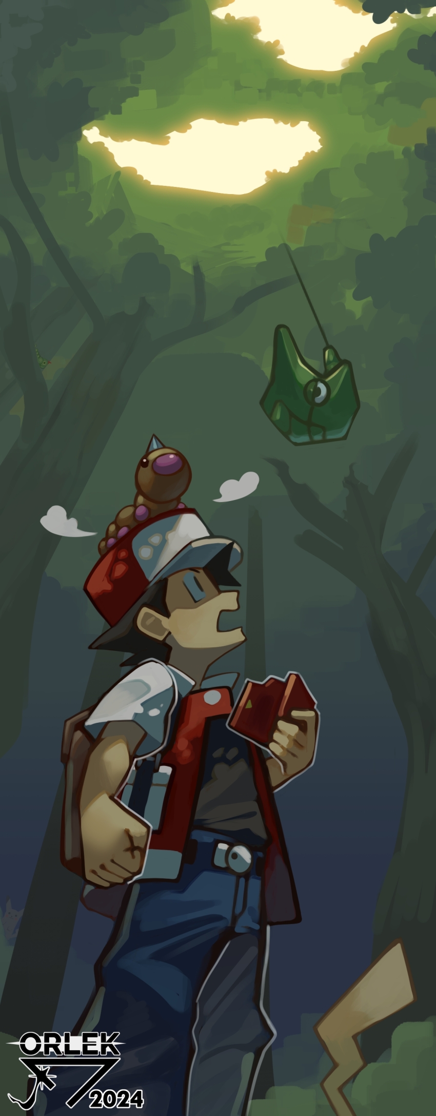 1boy absurdres artist_name belt_buckle black_eyes blue_pants buckle commentary forest gen_1_pokemon hat highres holding jacket looking_up male_focus metapod nature nintendo on_head open_clothes open_jacket open_mouth orlek pants pikachu pokedex pokemon pokemon_(creature) pokemon_on_head pokemon_rgby red_(pokemon) red_hat red_jacket shirt short_hair standing weedle