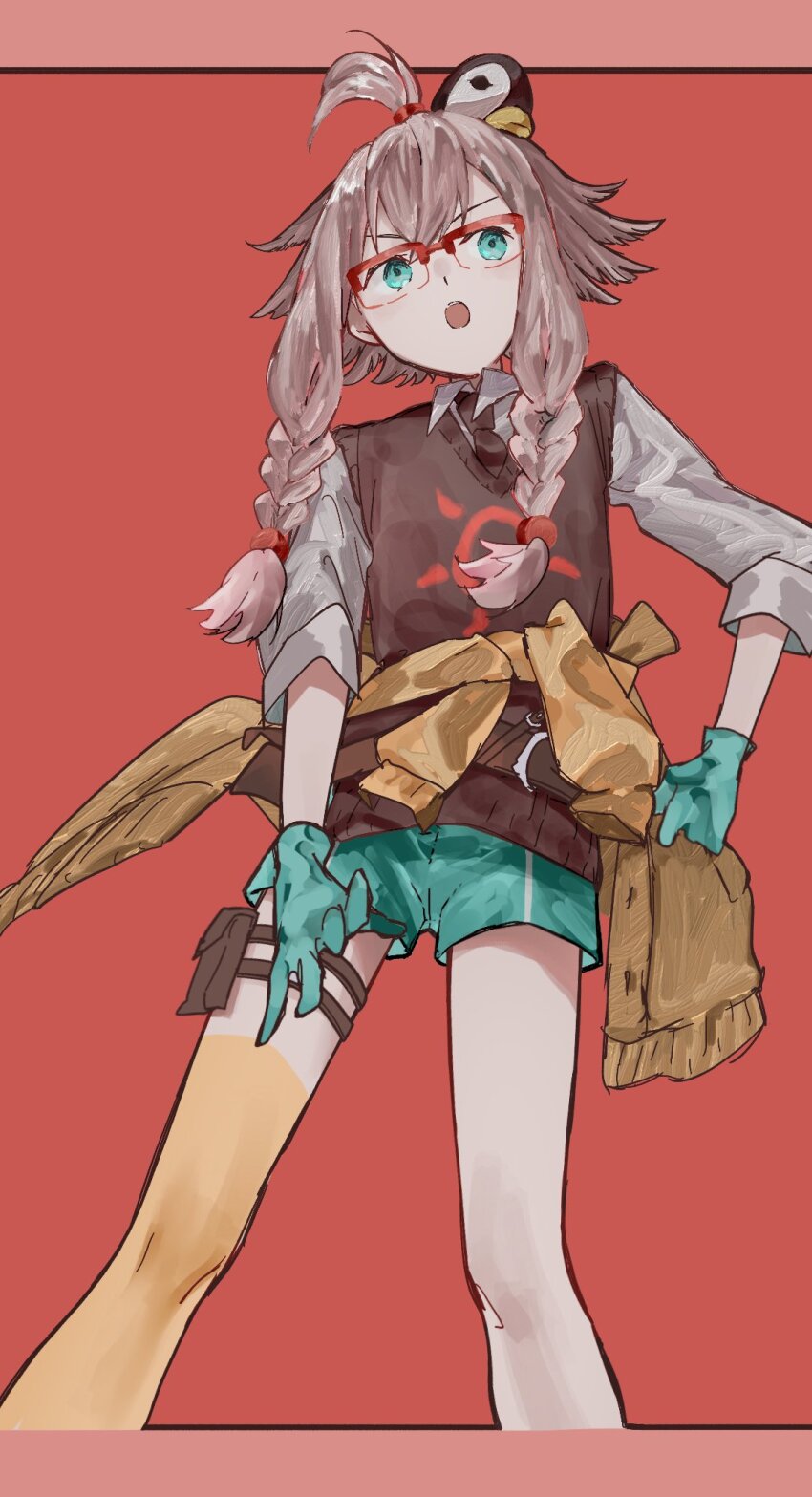 1girl 7_xi animal animal_on_head aqua_gloves aqua_shorts arknights asymmetrical_legwear bird border braid breasts brown_jacket brown_sweater brown_thighhighs clothes_around_waist collared_shirt commentary_request feet_out_of_frame flipped_hair glasses gloves green_eyes highres jacket jacket_around_waist looking_up may_(arknights) medium_breasts mismatched_legwear on_head open_mouth penguin pink_background pink_hair pouch red-framed_eyewear semi-rimless_eyewear shirt short_sleeves shorts sidelocks simple_background single_thighhigh solo sweater thigh_pouch thighhighs topknot twin_braids white_shirt