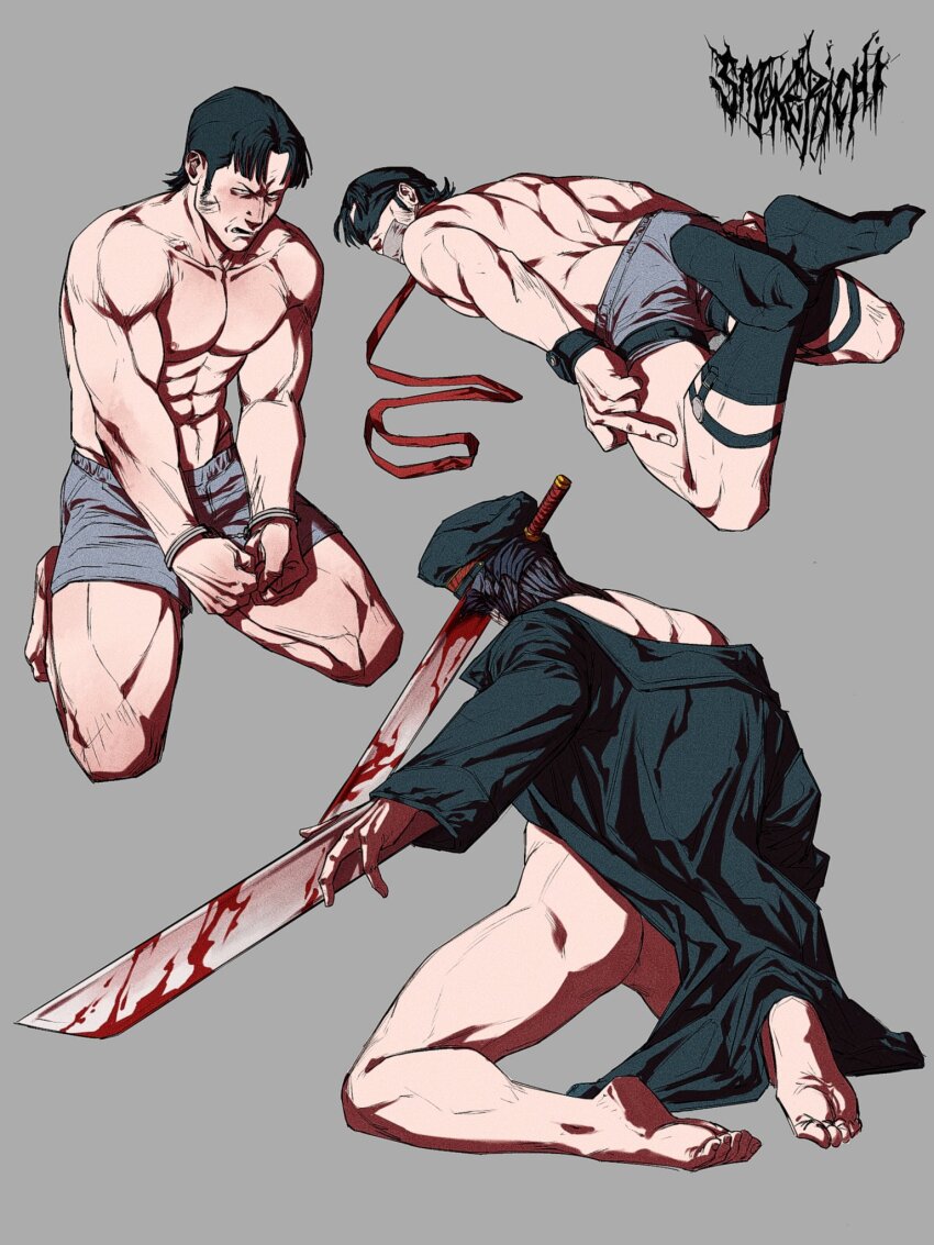 1boy ass ass_peek bara black_hair blood bound boxers chainsaw_man coat collage cuffs feet full_body gag handcuffs highres impaled improvised_gag katana katana_man_(chainsaw_man) kneeling long_sideburns male_focus male_underwear male_underwear_pull monster_boy multiple_views muscular muscular_male object_through_head open_mouth pectorals short_hair sideburns simple_background smokerichi sword sword_in_head tape tape_gag underwear weapon