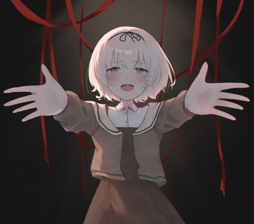 1girl absurdres black_bow black_dress black_hairband bob_cut bow cardigan ciza_gomi collared_shirt dress grey_cardigan grey_hair hair_bun hairband hanamura_hinako highres kitanai_kimi_ga_ichiban_kawaii long_sleeves open_cardigan open_clothes open_mouth reaching reaching_towards_viewer ribbon shirt short_hair smile solo variant_set white_shirt