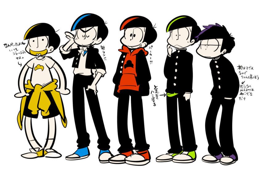 5boys :&lt; ahoge alternate_costume ankle_socks antenna_hair arrow_(symbol) bare_arms blue_shoes blue_tank_top blunt_bangs brothers buttons clenched_hand closed_eyes closed_mouth clothes_around_waist cloud_print collared_jacket collared_shirt colored_tongue commentary_request cropped_jacket cross-eyed expressionless frown full_body gakuran green_shoes greyscale grin half-closed_eyes hand_on_own_cheek hand_on_own_face hand_on_own_thigh hands_in_pockets happy heart heart_in_mouth high_collar hood hood_down hoodie jacket leaning_forward light_blush long_sleeves male_focus matsuno_choromatsu matsuno_ichimatsu matsuno_jyushimatsu matsuno_karamatsu matsuno_osomatsu messy_hair monochrome multiple_boys open_clothes open_jacket osomatsu-san osomatsu_(series) pants purple_shoes red_hoodie red_shoes sameyama_jiro school_uniform scratching_cheek shirt shirt_around_waist shoes short_hair short_sleeves siblings simple_background sleeves_rolled_up smile sneakers socks spot_color sweatdrop t-shirt tank_top thick_eyebrows translation_request undershirt v-shaped_eyebrows white_background white_shirt wide-eyed yellow_hoodie yellow_shoes yellow_tongue