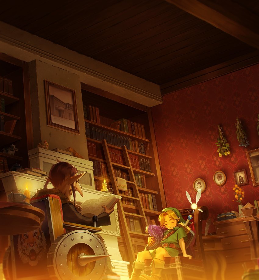 1boy 1girl absurdres animal_print anju&#039;s_grandmother belt blonde_hair book bookshelf boots brown_footwear brown_hair candle chest_of_drawers closed_eyes commentary_request cup drawing_(object) fairy_wings fire flower green_tunic highres holding holding_book indoors ladder link nintendo nshi open_book pillow pointy_ears reading saucer shield shield_on_back short_sleeves sitting slice_of_life sword tatl teacup the_legend_of_zelda the_legend_of_zelda:_majora&#039;s_mask tiger_print tunic vase weapon weapon_on_back wheelchair wings young_link