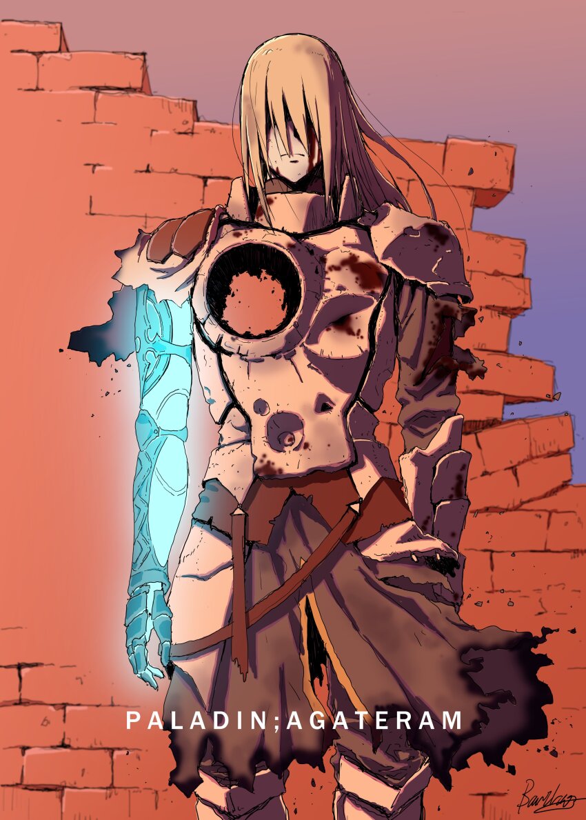 1boy absurdres airgetlam_(fate) armor arms_at_sides barikios bedivere_(fate) black_tunic blood blood_on_armor blood_on_face breastplate brick_wall broken_armor broken_wall burnt_clothes closed_mouth covered_eyes deep_wound dent dying facing_viewer fate/grand_order fate_(series) faulds feet_out_of_frame floating_hair frown gauntlets glowing_arm gradient_background greaves grey_hair hair_down hair_over_eyes highres hole_in_chest hole_on_body injury long_hair male_focus mechanical_arms pauldrons purple_background shoulder_armor signature single_mechanical_arm single_pauldron solo spoilers standing torn_clothes torn_tunic tunic