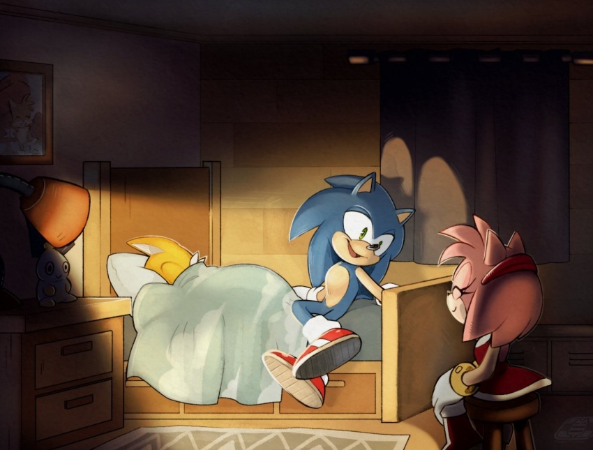amy_rose bed bed_sheet bedroom blue_fur chair chao_(sonic) dress fox gloves hedgehog lamp night on_bed pink_fur sega shoes sitting sleeping smile soks sonic_(series) sonic_the_hedgehog stuffed_toy tails_(sonic) yellow_fur
