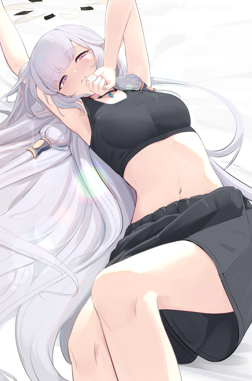 1girl absurdres armpits arms_up black_choker black_shorts black_sports_bra blue_archive breasts choker closed_mouth commentary feet_out_of_frame grey_hair grey_halo hair_spread_out hair_tubes halo highres himari_(blue_archive) long_hair looking_at_viewer lying medium_breasts midriff mola_(mola526) navel on_back purple_eyes shorts smile solo sports_bra thighs very_long_hair