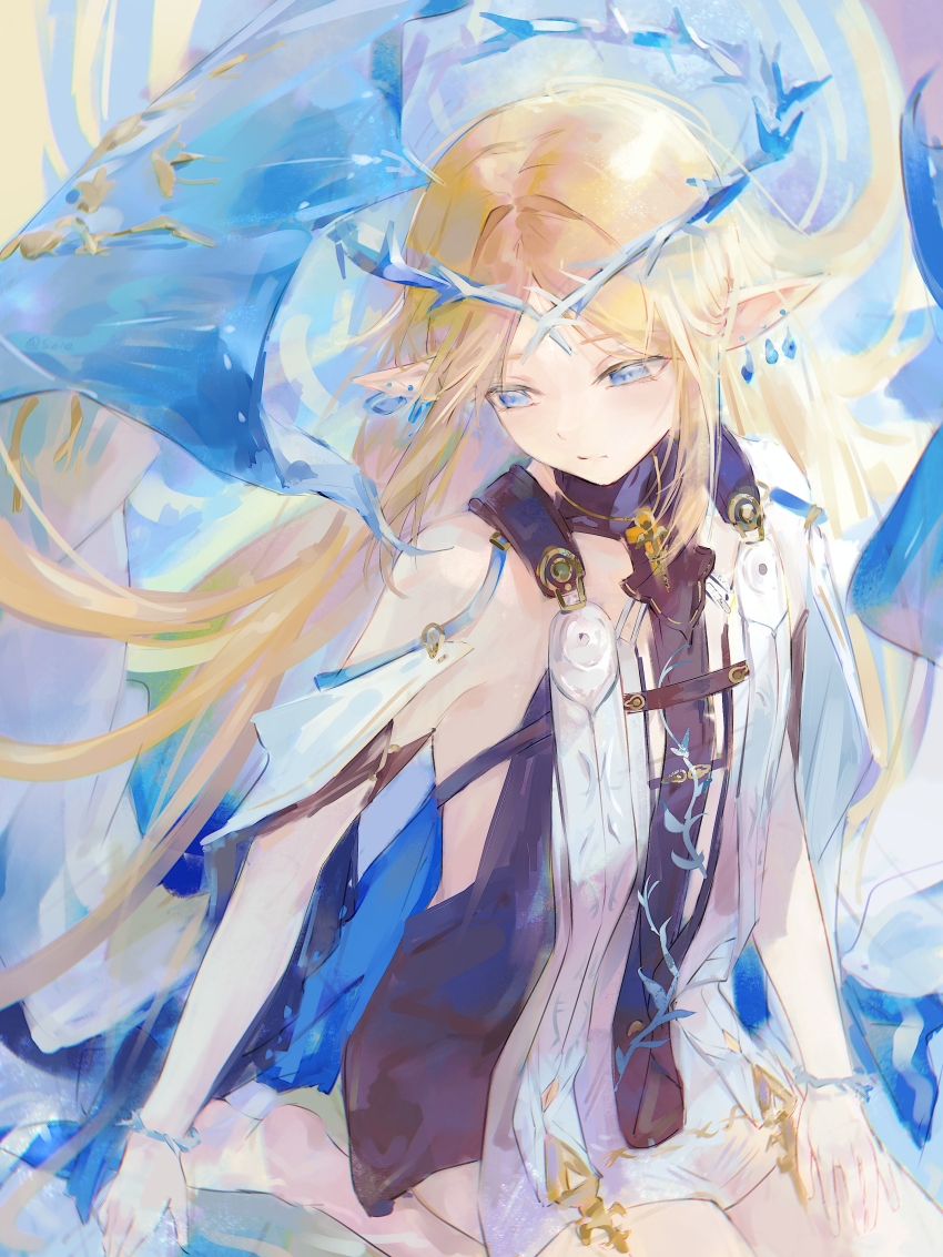 1girl absurdres bare_shoulders barefoot black_dress blonde_hair blue_eyes cartethyia_(wuthering_waves) closed_mouth commentary_request crown_of_thorns dress earrings flat_chest highres honseie jewelry long_hair looking_to_the_side pointy_ears seiza sidelocks sitting solo tabard very_long_hair white_tabard wuthering_waves