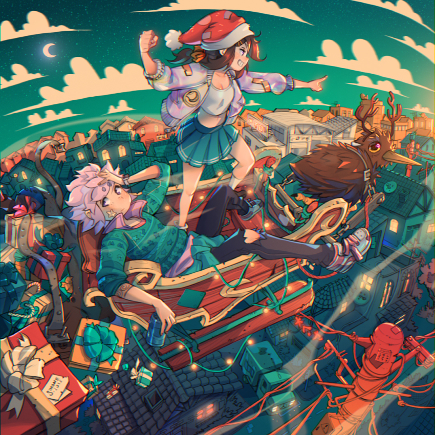 1boy 1girl antlers aqua_skirt aqua_sweater arm_tattoo artist_name bird black_pants bow box_truck breasts brown_hair brown_shoes can candy candy_cane cheek_tattoo christmas christmas_present christmas_sweater city_lights cityscape cleavage clenched_hand clothes_around_waist cloud commentary crescent_moon crop_top dated drink_can english_commentary fake_antlers flying food gift grin hair_bow hand_on_own_head hat high_up holding holding_can horns house jacket kiwi_(bird) leaning_back looking_afar looking_at_viewer medium_hair moon motor_vehicle multicolored_jacket orange_bow original pants pink_hair pink_shirt pleated_skirt power_lines profile reindeer_antlers road santa_hat shirt shoes short_hair simz sitting skirt sky skyline sleigh smile socks soda_can standing star_(sky) star_tattoo starry_sky street string_of_light_bulbs sweater sweater_around_waist tattoo tile_roof torn_clothes torn_pants town tree truck utility_pole watch white_shirt white_shoes white_socks wristwatch