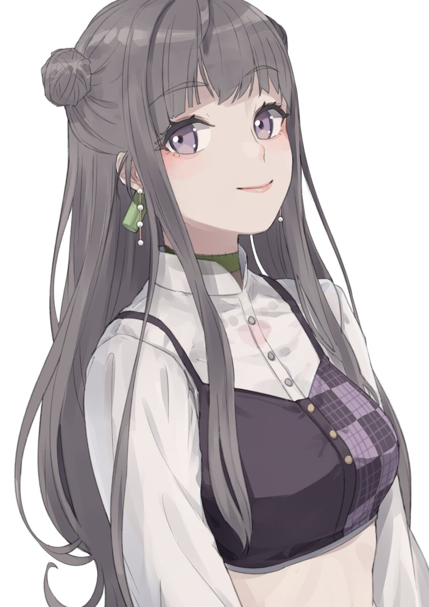 1girl atsushima black_camisole blunt_bangs blush breasts buttons camisole closed_mouth collared_shirt commentary_request crop_top double_bun earrings grey_hair hair_bun highres huma_wat jewelry looking_at_viewer medium_breasts nanashi_inc. patchwork_skin plaid_camisole popped_collar purple_eyes shirt sidelocks simple_background smile solo upper_body v_ap_art virtual_youtuber white_shirt