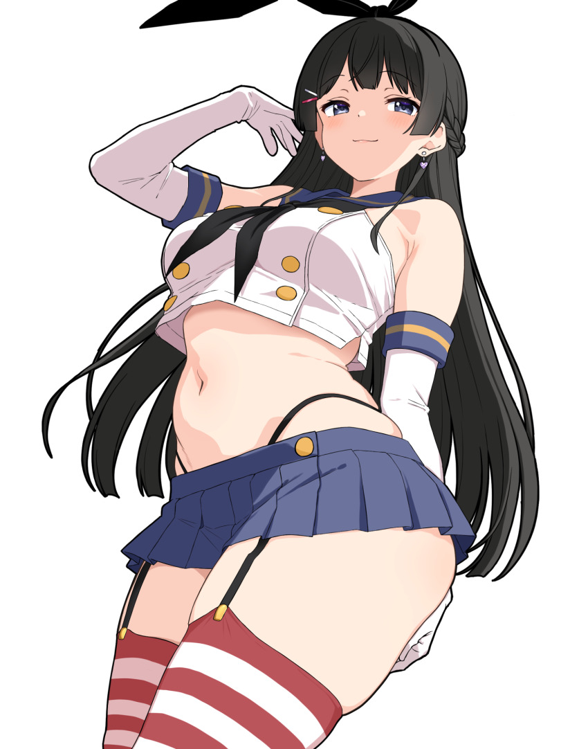 1girl :3 animal_ears black_hair blue_eyes blue_skirt blush breasts commentary_request cosplay earrings elbow_gloves fake_animal_ears garter_straps gloves highres horizontal-striped_thighhighs jewelry kantai_collection large_breasts long_hair midriff miniskirt navel nijisanji panty_straps pleated_skirt rabbit_ears school_uniform serafuku shimakaze_(kancolle) shimakaze_(kancolle)_(cosplay) simple_background skindentation skirt solo stomach thighs to_bari tsukino_mito virtual_youtuber white_background
