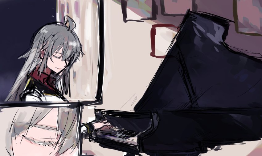 agtt25333 closed_eyes gangut_(kancolle) grey_hair hair_between_eyes highres instrument jacket kantai_collection long_hair long_sleeves military military_jacket military_uniform music naval_uniform no_headwear piano playing_instrument playing_piano red_shirt shirt twitter_username