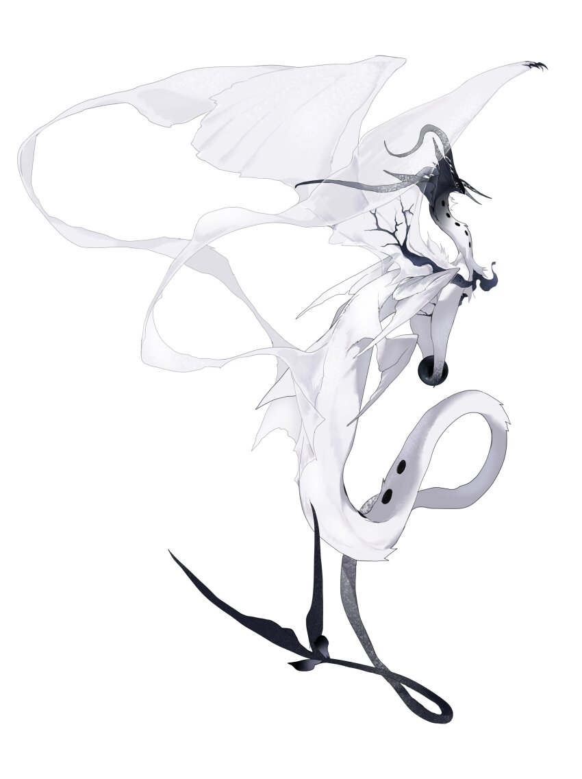 absurdres black_horns black_skin branch colored_skin deepsea9013 dragon feathered_wings from_behind gradient_tail highres holding_orb horns monster monster_focus multicolored_skin multiple_horns no_humans orb original simple_background solo spots talons transparent_wings two-tone_skin white_background white_skin white_wings wings