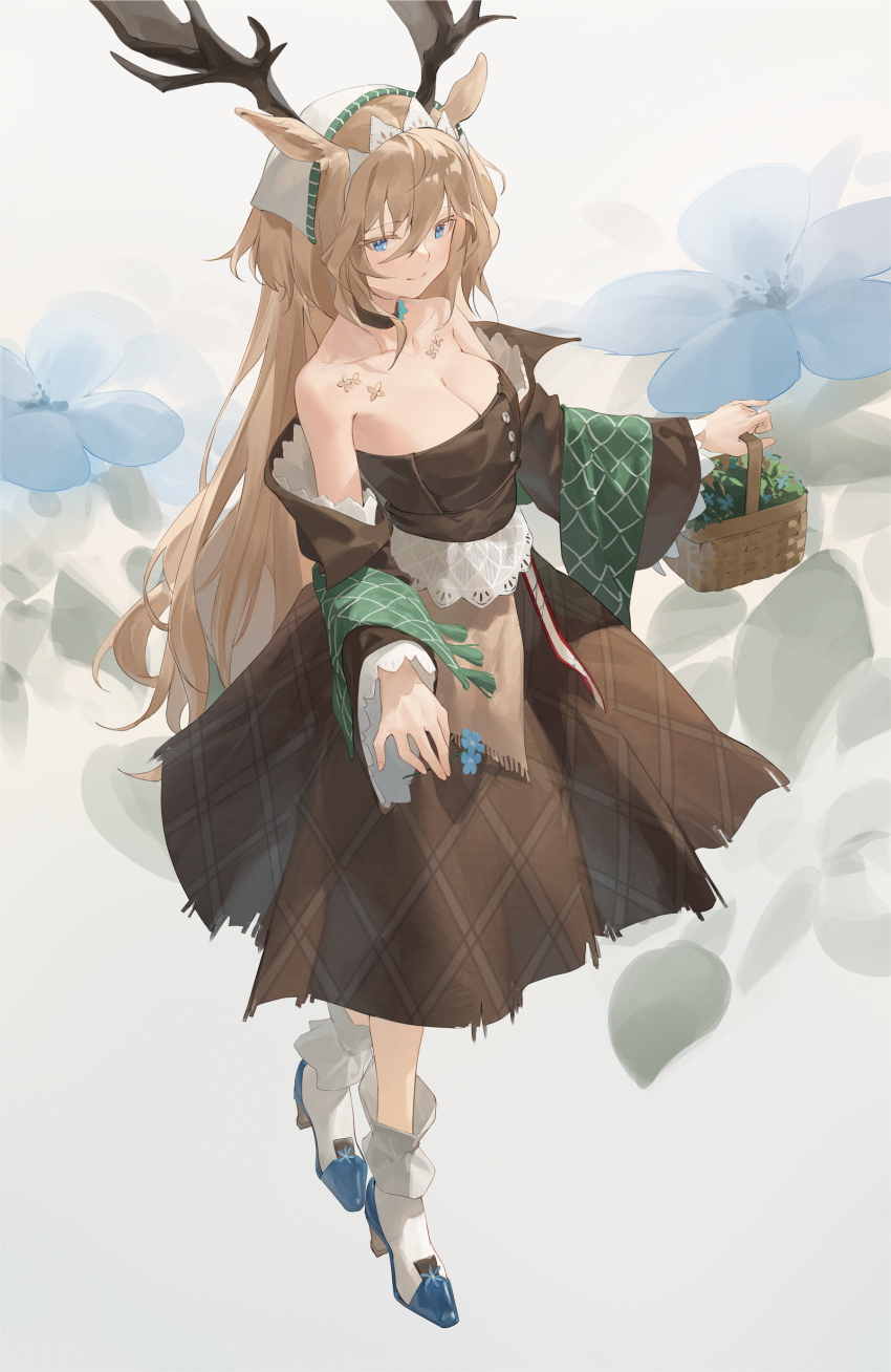 1girl absurdres animal_ears ankle_socks antlers arknights bare_shoulders basket black_choker black_dress blonde_hair blue_eyes blue_flower blue_shoes blush breasts choker cleavage closed_mouth collarbone deer_antlers deer_ears deer_girl dress flower full_body hair_between_eyes headscarf high_heels highres holding holding_basket holding_flower horns large_breasts long_hair long_sleeves looking_at_viewer newnand official_alternate_costume shoes simple_background smile socks solo standing strapless strapless_dress very_long_hair viviana_(arknights) viviana_(sent_from:_ognisko)_(arknights) white_background white_headscarf white_socks