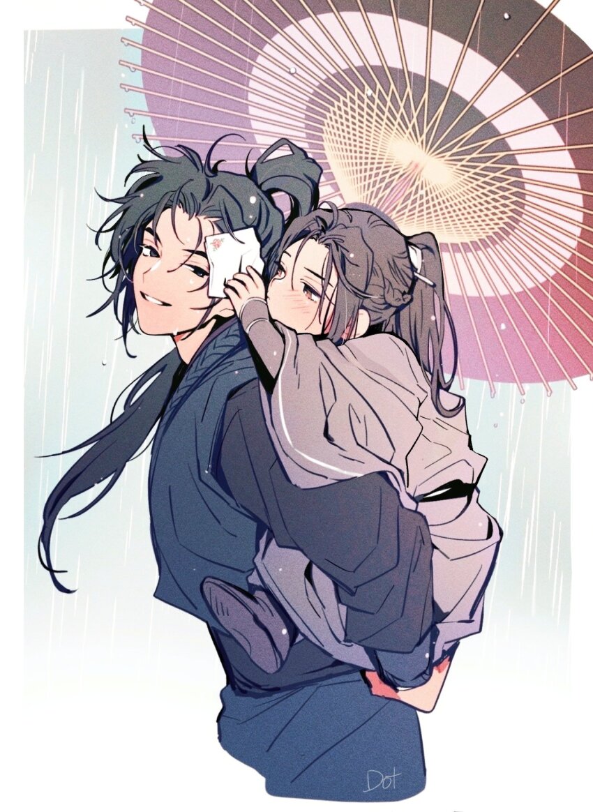 2boys aged_down artist_name black_eyes black_hair blue_hanfu brown_eyes brown_hair carrying carrying_over_shoulder child chinese_clothes chu_wanning erha_he_tadebai_mao_shizun grey_hanfu handkerchief hanfu high_ponytail highres holding holding_handkerchief holding_umbrella korean_commentary long_hair long_sleeves looking_at_another looking_to_the_side male_focus mo_ran multiple_boys oil-paper_umbrella parted_lips piggyback ponytail rain robe shared_umbrella sideways_glance smile to_dot umbrella wet wide_sleeves wiping yaoi
