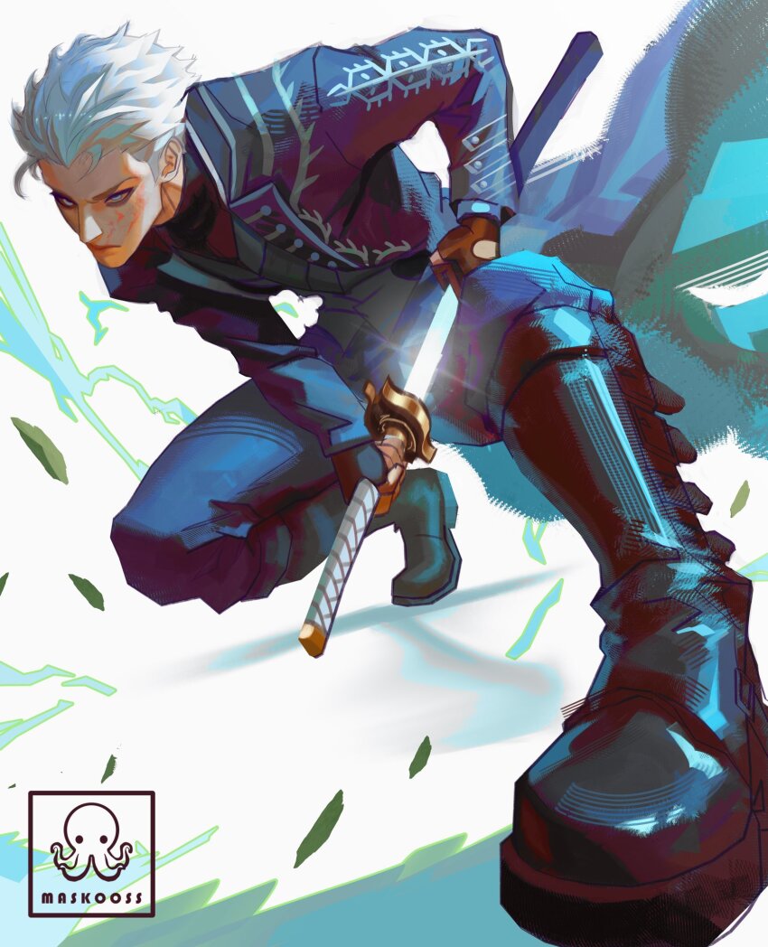 1boy artist_name black_boots black_shirt blood blood_on_face blue_coat blue_eyes boots closed_mouth coat commentary devil_may_cry_(series) devil_may_cry_5 drawing_sword dynamic_pose english_commentary floating_clothes hair_slicked_back highres holding holding_sword holding_weapon katana lapels looking_ahead male_focus maskoo185826 shirt short_hair sideburns solo sword vergil_(devil_may_cry) vest weapon white_hair yamato_(sword)