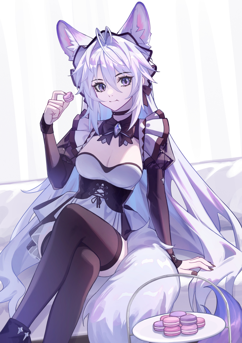 1girl absurdres alternate_costume animal_ear_fluff animal_ears black_bow black_bowtie black_collar black_dress black_thighhighs bow bowtie breasts cleavage collar commentary crossed_legs dress eating enmaided extra_ears feet_out_of_frame food fox_ears fox_girl fox_tail gem hair_between_eyes hair_intakes hand_up highres holding holding_food indoors large_breasts long_hair long_sleeves looking_at_viewer luo_shun_yao macaron maid meng_xi_xuan nail_polish original purple_eyes purple_gemstone purple_hair purple_nails purple_tail sidelocks sitting solo tail thighhighs very_long_hair
