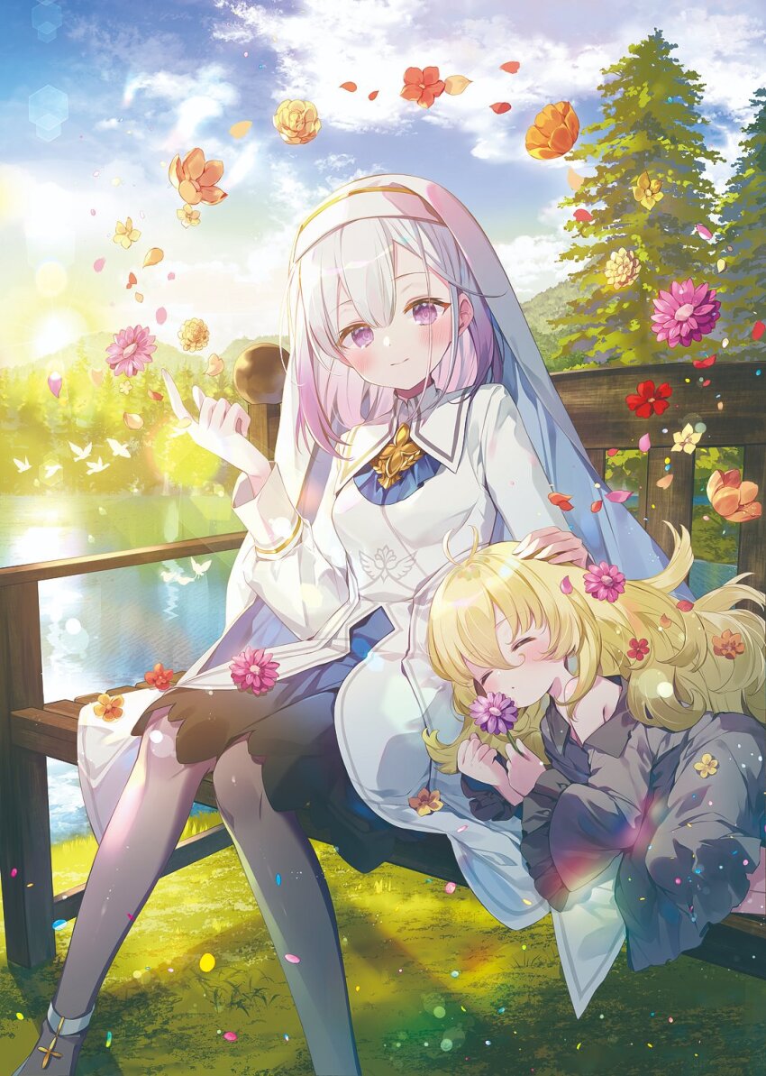 2girls aerie_(hai_kouen_no_homeless_seijo) alm_danrick blonde_hair blue_sky closed_eyes cloud cover cover_page dress floating_flowers flower frilled_dress frills gradient_hair greyscale hai_kouen_no_homeless_seijo hand_on_another&#039;s_head highres holding holding_flower ibara_riato index_finger_raised lake long_hair lying medium_hair monochrome multicolored_hair multiple_girls novel_cover official_art on_bench on_side pantyhose purple_eyes purple_hair sitting sky sleeping smile tree white_dress wimple