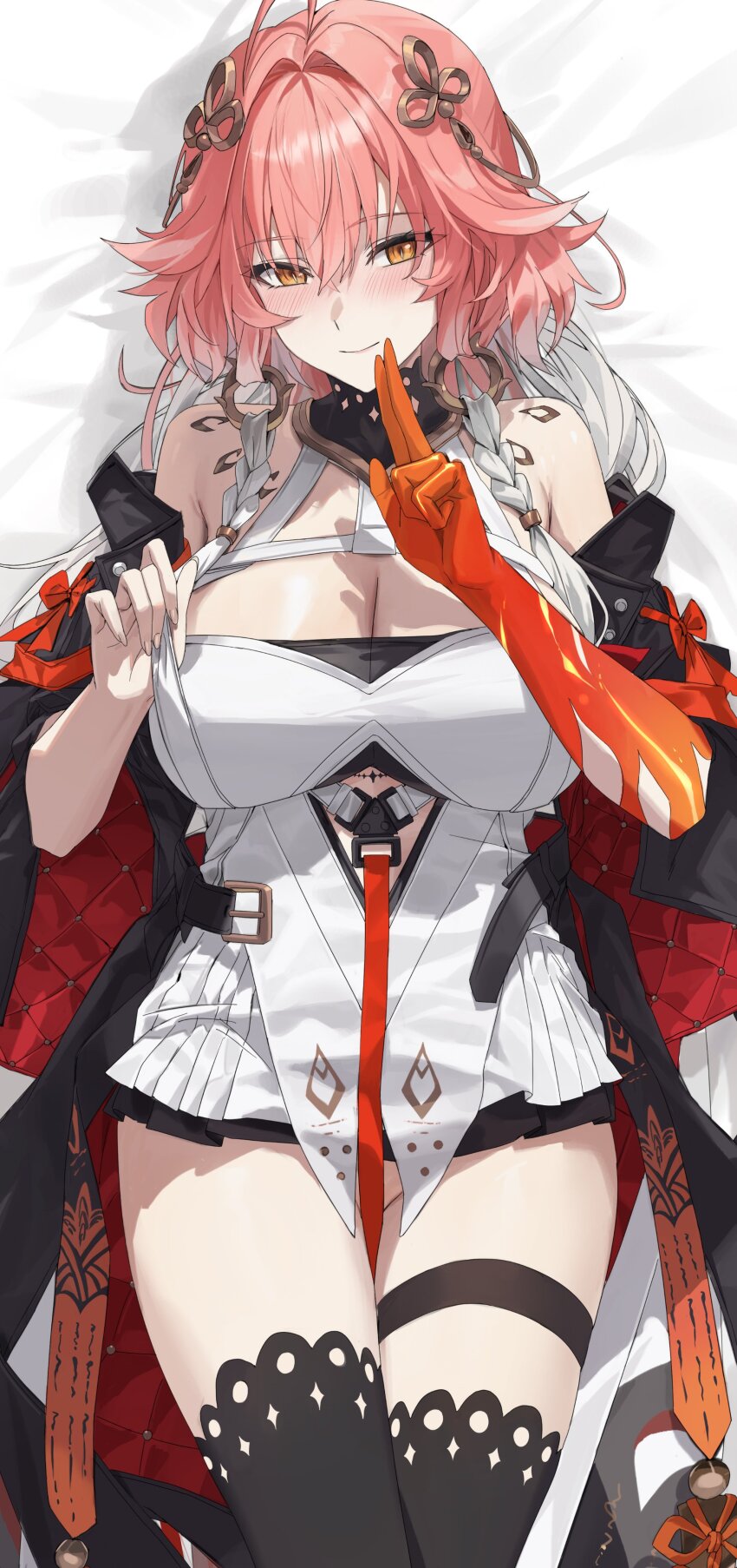1girl absurdres bare_shoulders black_thighhighs blush breasts changli_(wuthering_waves) closed_mouth colored_extremities cowboy_shot dakimakura_(medium) hair_extensions highres large_breasts long_hair looking_at_viewer no_panties off_shoulder otakueden1995 red_hair red_hands solo thigh_strap thighhighs thighs white_hair wuthering_waves yellow_eyes