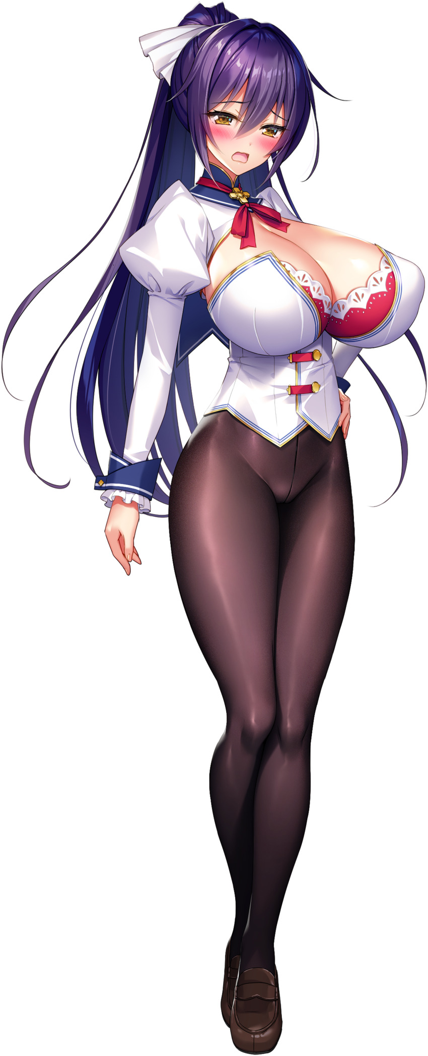 1girl absurdres blush breasts brown_shoes derauea full_body game_cg hand_on_own_hip high_ponytail highres huge_breasts juliet_sleeves long_hair long_sleeves milk_factory minase_maya motto!_haramase!_honoo_no_oppai_chou_ero_appli_gakuen! no_panties no_pants non-web_source official_art open_mouth pantyhose ponytail puffy_sleeves purple_hair red_ribbon ribbon school_uniform shirt shoes sidelocks solo sprite sprite_art standing tachi-e transparent_background white_shirt yellow_eyes
