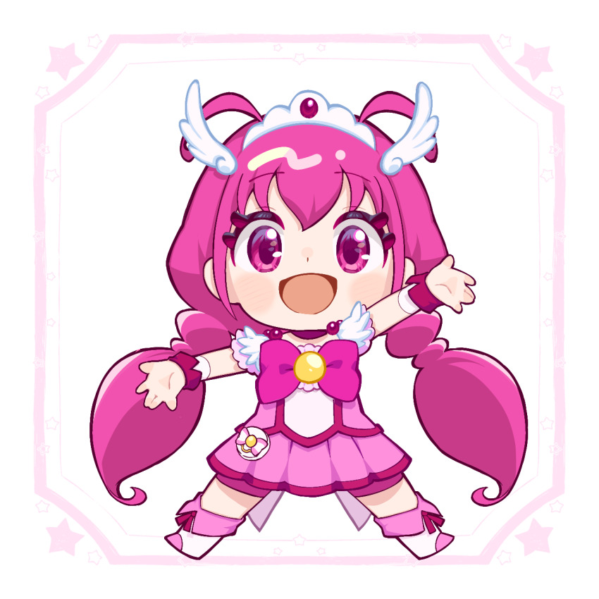 1girl antenna_hair bike_shorts bike_shorts_under_skirt blush boots bow bowtie brooch chibi choker cure_happy hair_ornament highres hoshizora_miyuki jewelry long_hair low_twintails magical_girl open_mouth pink_boots pink_bow pink_bowtie pink_choker pink_eyes pink_hair pink_shirt pink_shorts pink_skirt plv_276 precure shirt short_sleeves shorts skirt smile_precure! solo tiara twintails wing_hair_ornament wrist_cuffs