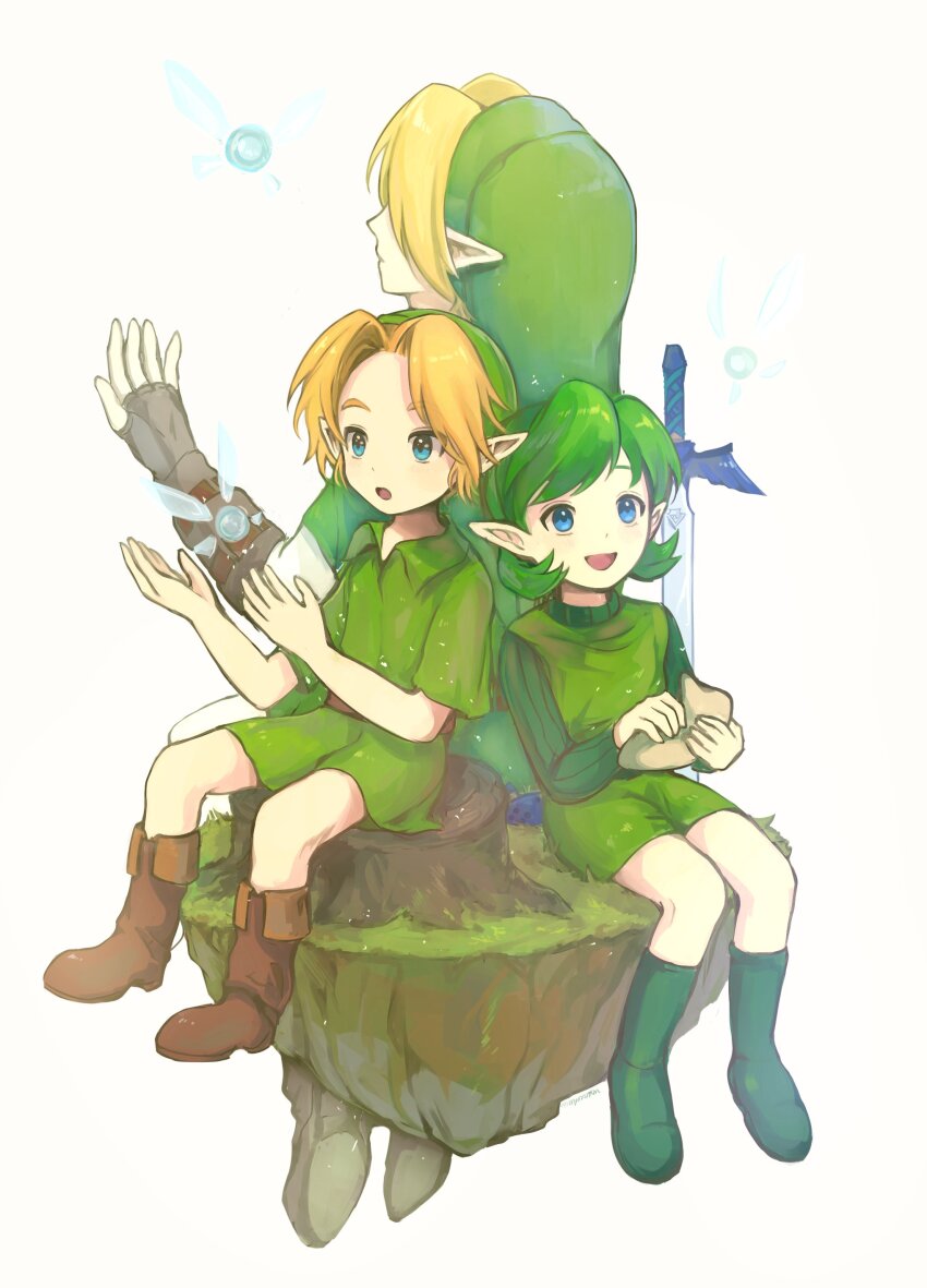 1girl 2boys :d :o absurdres belt blonde_hair blue_eyes blush boots brown_belt brown_footwear dual_persona facing_away floating_island fold-over_boots grass green_footwear green_hair green_hat green_sweater green_tunic hands_up hashtag-only_commentary hat highres holding holding_instrument instrument link long_sleeves master_sword multiple_boys myon_(myonninn) navi nintendo ocarina open_mouth parted_bangs planted planted_sword planted_weapon pointy_ears ribbed_sweater saria_(zelda) short_hair short_sleeves simple_background sitting sitting_on_tree_stump smile sweater sword the_legend_of_zelda the_legend_of_zelda:_ocarina_of_time tree_stump tunic turtleneck turtleneck_sweater weapon white_background young_link