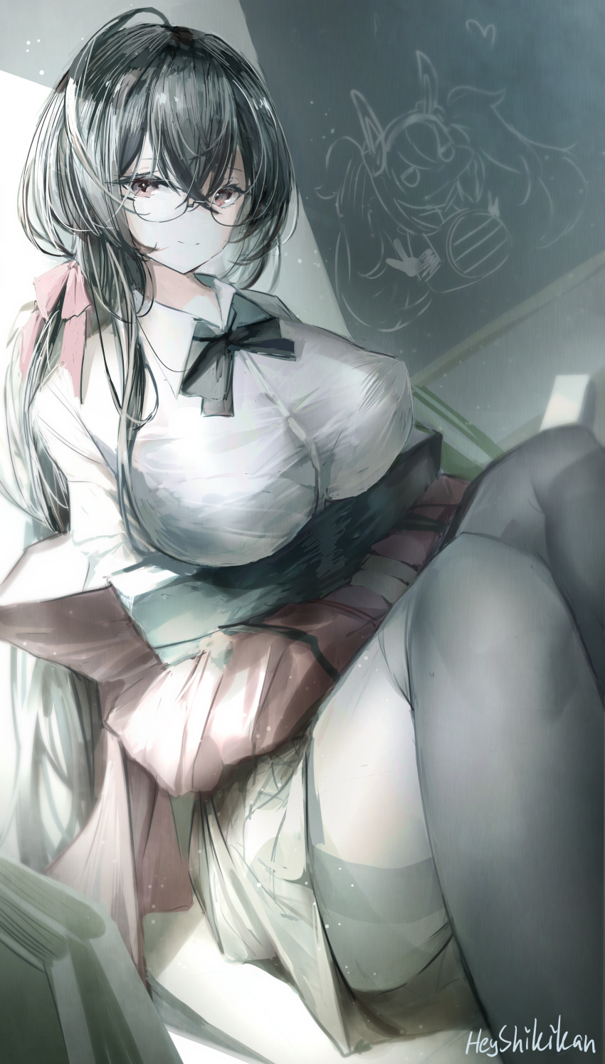1girl absurdres artist_name azur_lane black_bow black_hair black_skirt bow breasts chalk_drawing chalkboard collared_shirt hair_between_eyes heyshikikan highres jacket laffey_(azur_lane) large_breasts long_hair looking_at_viewer miniskirt official_alternate_costume pantyhose partially_unbuttoned pleated_skirt red_eyes red_jacket round_eyewear school_uniform shirt sitting skirt solo taihou_(azur_lane) taihou_(sweet_time_after_school)_(azur_lane) thighband_pantyhose very_long_hair white_shirt