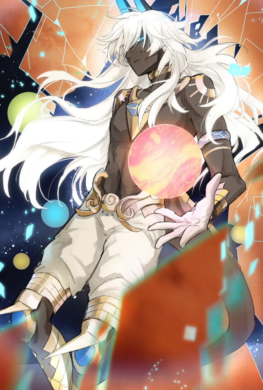 1boy arjuna_(fate) arjuna_alter_(fate) blue_eyes cracked_background dark-skinned_male dark_skin fate/grand_order fate_(series) gloves highres kyousituyasan long_hair male_focus topless_male white_gloves white_hair