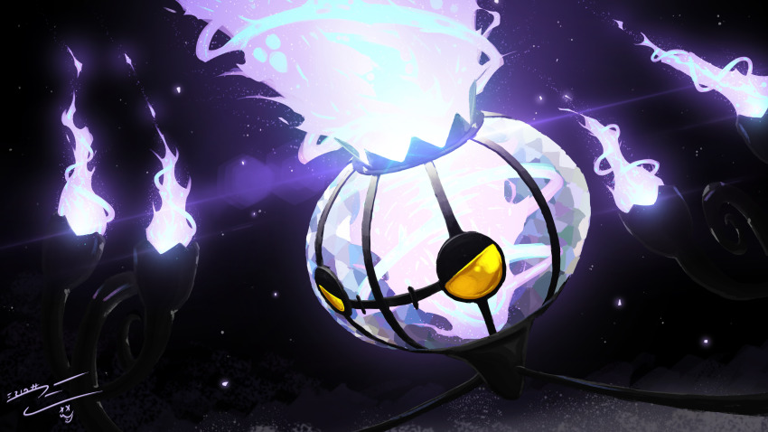 absurdres black_background chandelier chandelure commentary embers english_commentary eriott fire gen_5_pokemon half-closed_eyes highres lens_flare nintendo no_humans pokemon pokemon_(creature) purple_fire solo yellow_eyes