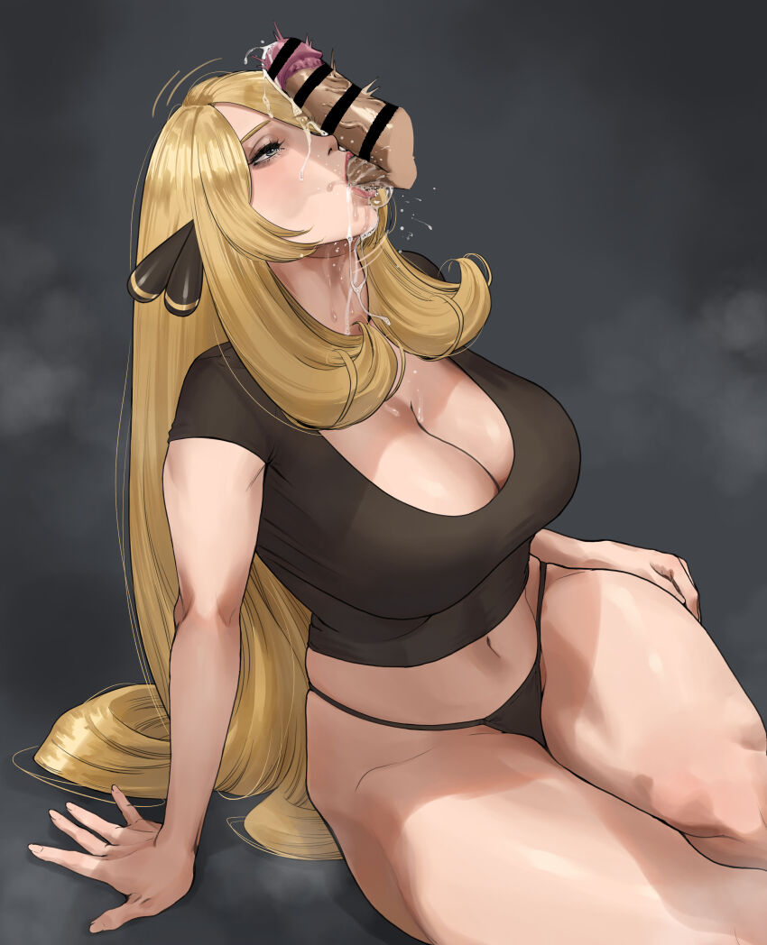1boy 1girl absurdres bar_censor black_panties black_shirt blonde_hair breasts censored cleavage crop_top cum cum_on_body cynthia_(pokemon) disembodied_penis facial game_freak grey_eyes hetero highres large_breasts long_hair navel nintendo oral panties penis penis_on_face pokemon pokemon_dppt precum saliva shirt sitting steaming_body stomach testicle_sucking underwear very_long_hair wasabishouyu