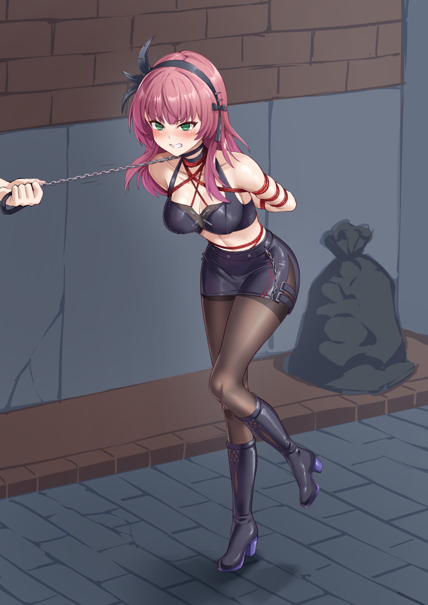 1girl absurdres alternate_costume angel_beats! arms_behind_back bare_shoulders bdsm black_boots black_bow black_choker black_hairband black_pantyhose blunt_bangs blush bondage boots bound bound_arms bow breasts cap_(user_dxfj5558) choker cleavage clenched_teeth collar collarbone commentary crop_top eyelashes eyes_visible_through_hair feather_hair_ornament feathers figure_story full_body green_eyes hair_bow hair_ornament hairband high_heel_boots high_heels highres knee_boots large_variant_set leaning_forward leash long_hair looking_ahead medium_breasts midriff miniskirt nakamura_yuri outdoors pantyhose pencil_skirt public_indecency purple_hair shibari shibari_over_clothes shorts side_slit skindentation skirt solo standing standing_on_one_leg teeth thighband_pantyhose v-shaped_eyebrows variant_set