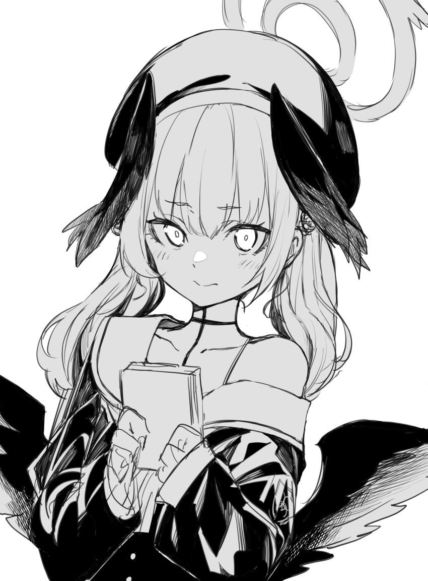 1girl absurdres beret blue_archive book closed_mouth greyscale hair_between_eyes halo hat head_wings highres holding holding_book koharu_(blue_archive) light_blush long_sleeves looking_at_viewer medium_hair monochrome off_shoulder school_uniform simple_background sketch smile solo tsukamoto_minori twintails upper_body white_background wings