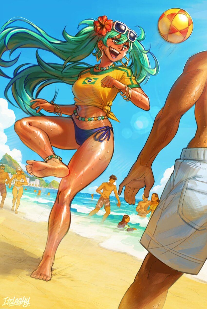 anklet aqua_eyes aqua_hair ball barefoot beach bead_belt bead_necklace beads bikini blue_bikini bracelet brazilian_flag brazilian_flag_print brazilian_miku commentary day earrings english_commentary flag_print flower hair_flower hair_ornament hatsune_miku highres itslaghy jewelry long_hair necklace ocean open_mouth outdoors print_shirt red_flower shirt shorts side-tie_bikini_bottom signature sky soccer_ball soles solo_focus standing standing_on_one_leg swimsuit teeth tied_shirt twintails upper_teeth_only vocaloid waves white_shorts
