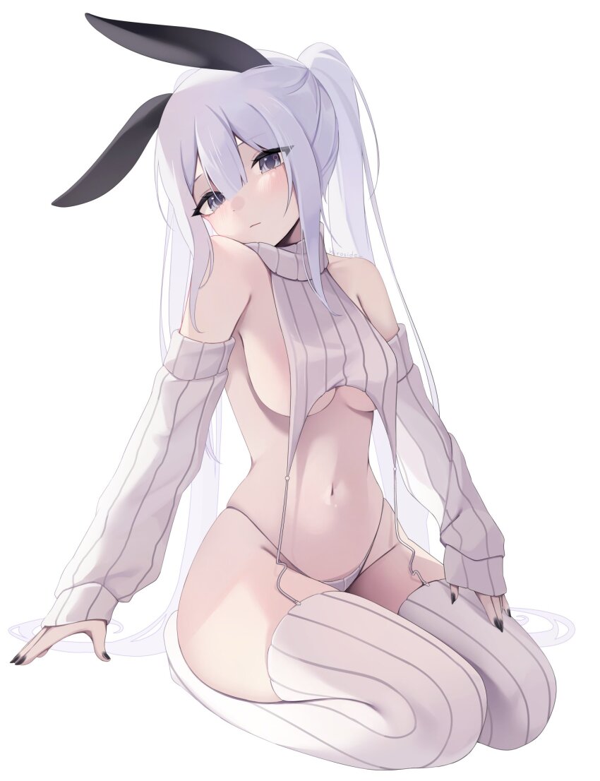 1girl animal_ears bare_shoulders black_eyes black_nails breasts closed_mouth detached_sleeves multiple_expressions garter_straps hand_on_own_thigh head_tilt highres hiroside long_hair long_sleeves looking_at_viewer medium_breasts meme_attire nail_polish navel no_bra no_pants original panties rabbit_ears revealing_clothes ribbed_sleeves ribbed_sweater ribbed_thighhighs seiza sideboob simple_background sitting skindentation sleeveless sleeveless_sweater solo stomach string_panties sweater thighhighs twintails underboob underwear very_long_hair virgin_destroyer_sweater white_background white_hair white_panties white_thighhighs